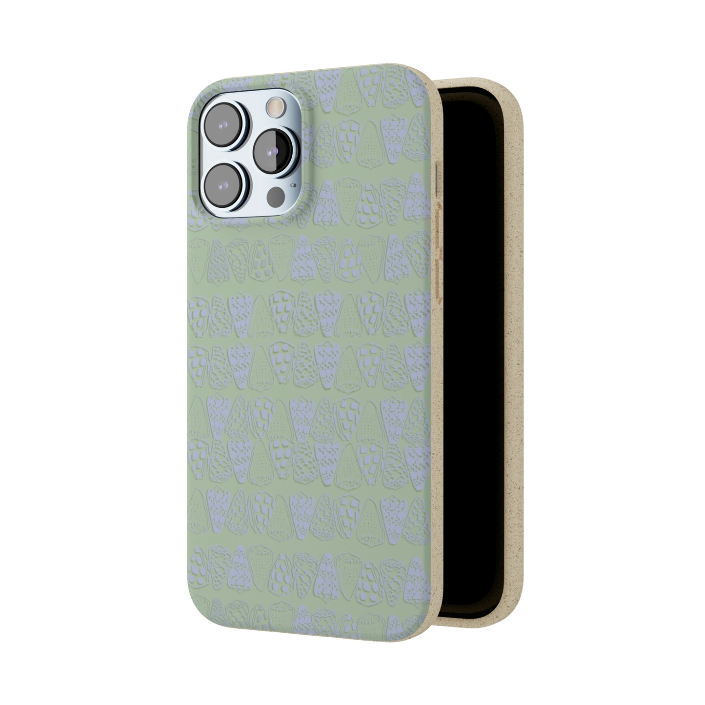 Sage green biodegradable phone case with blue cone shell design