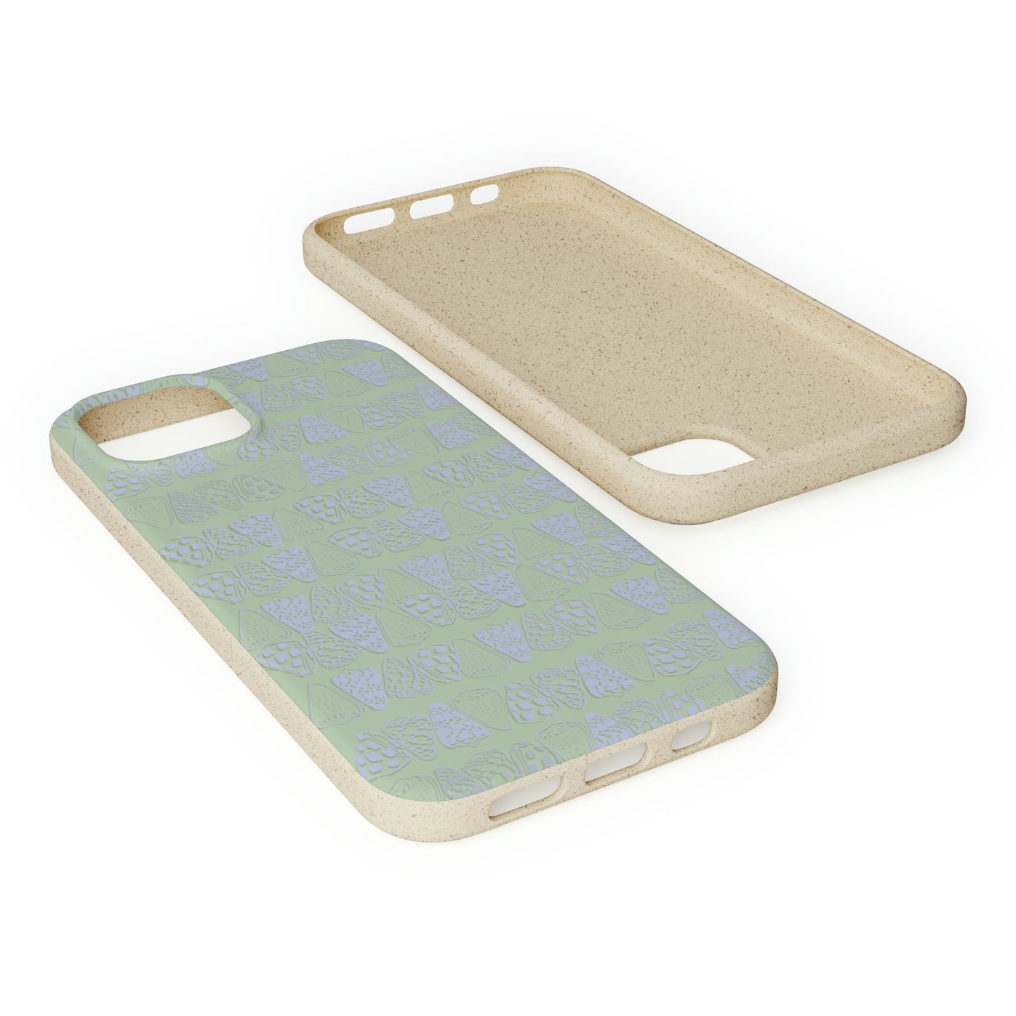 Sage green biodegradable phone case with blue cone shell design