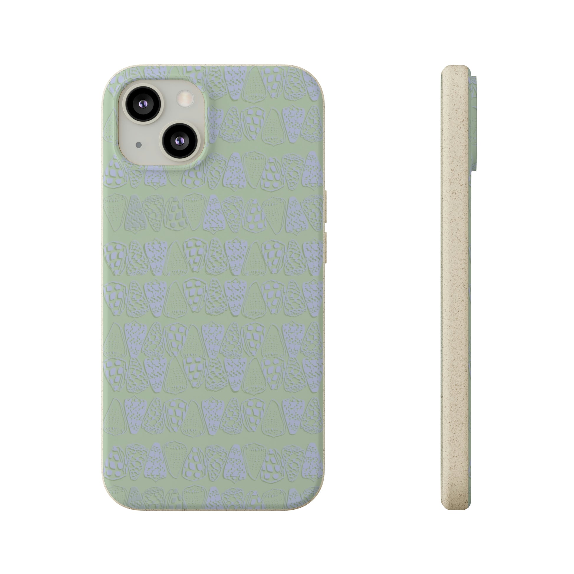 Sage green biodegradable phone case with blue cone shell design