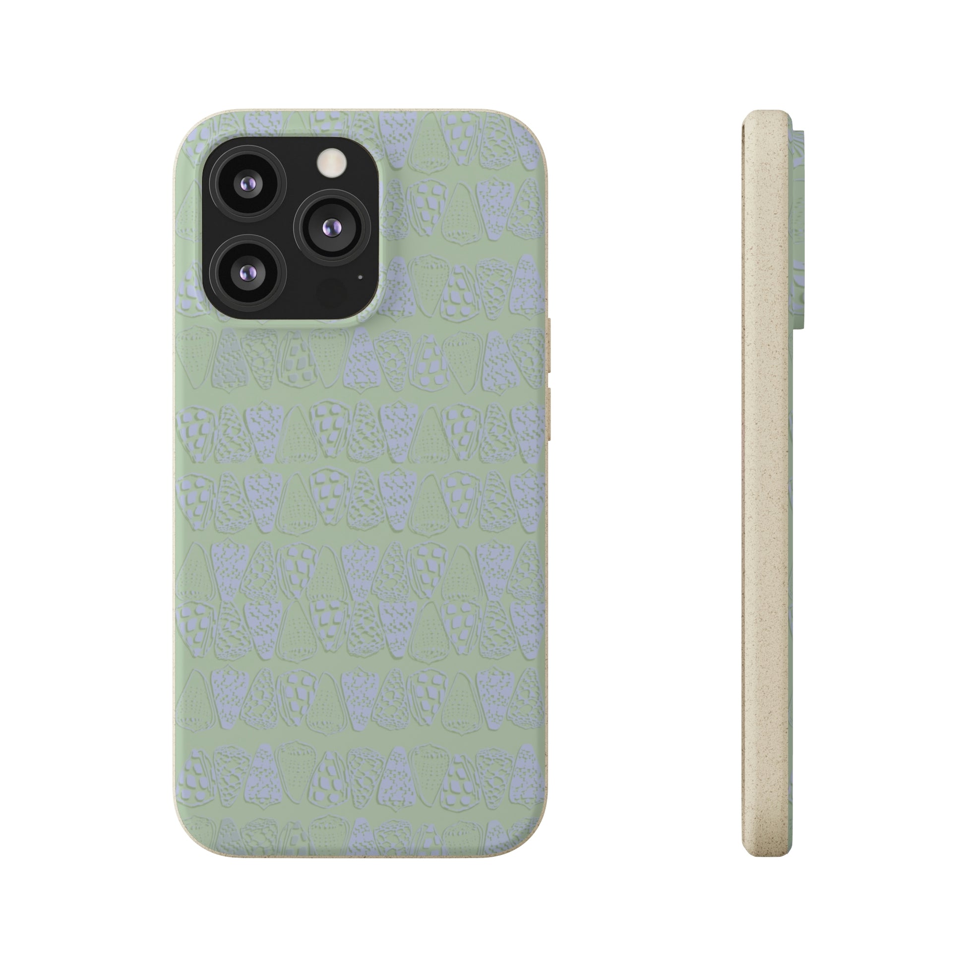 Sage green biodegradable phone case with blue cone shell design