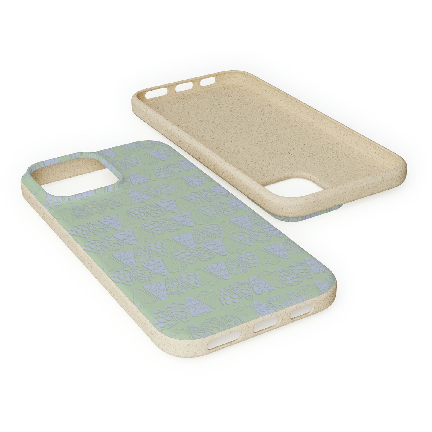 Sage green biodegradable phone case with blue cone shell design