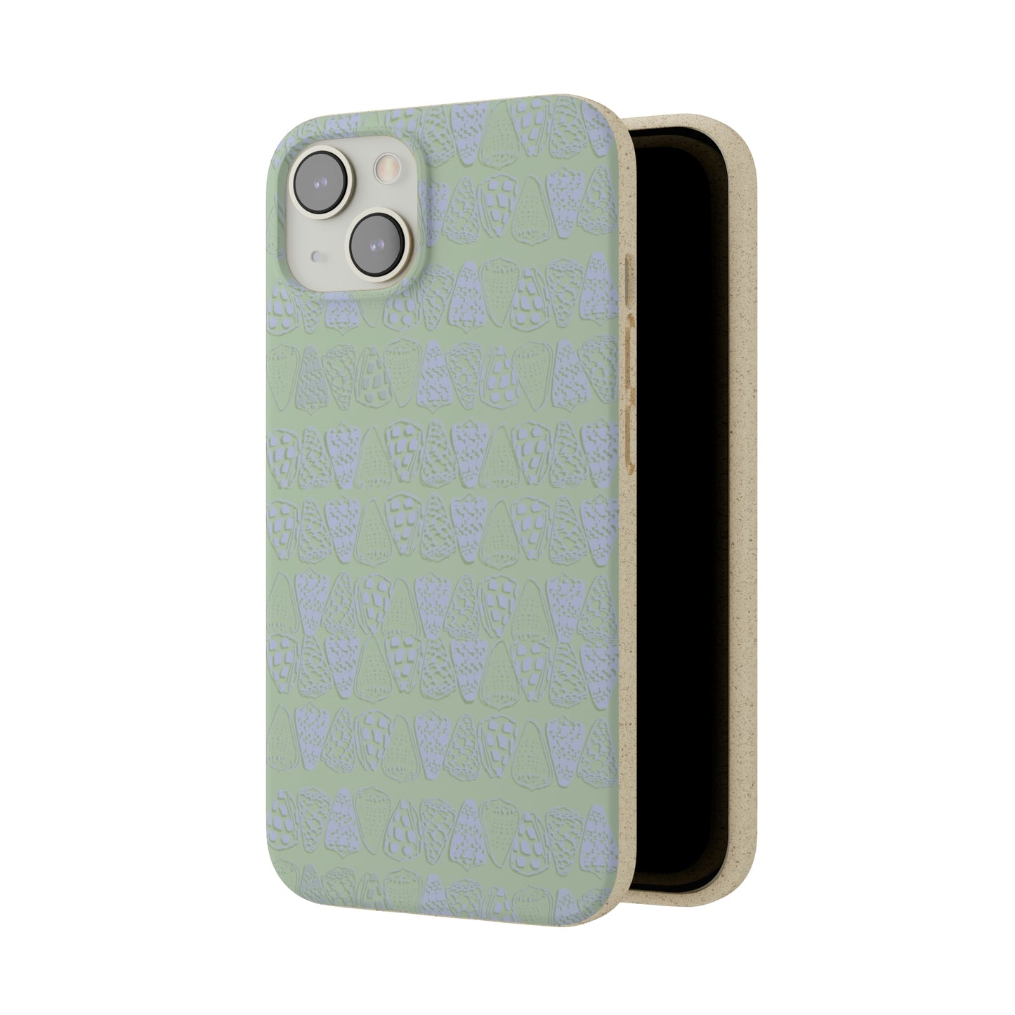 Sage green biodegradable phone case with blue cone shell design