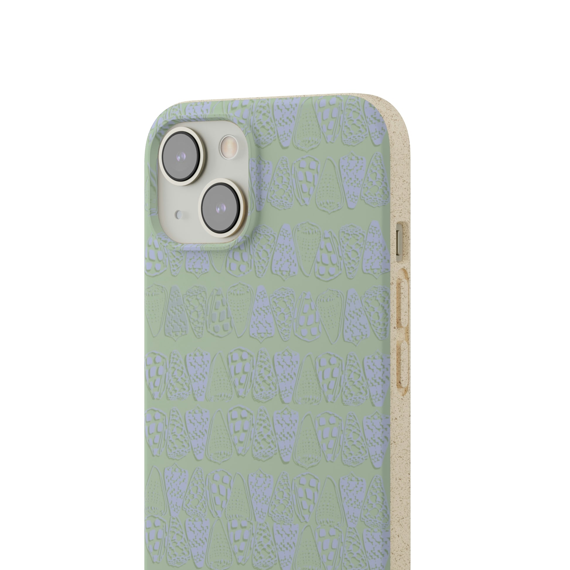 Sage green biodegradable phone case with blue cone shell design