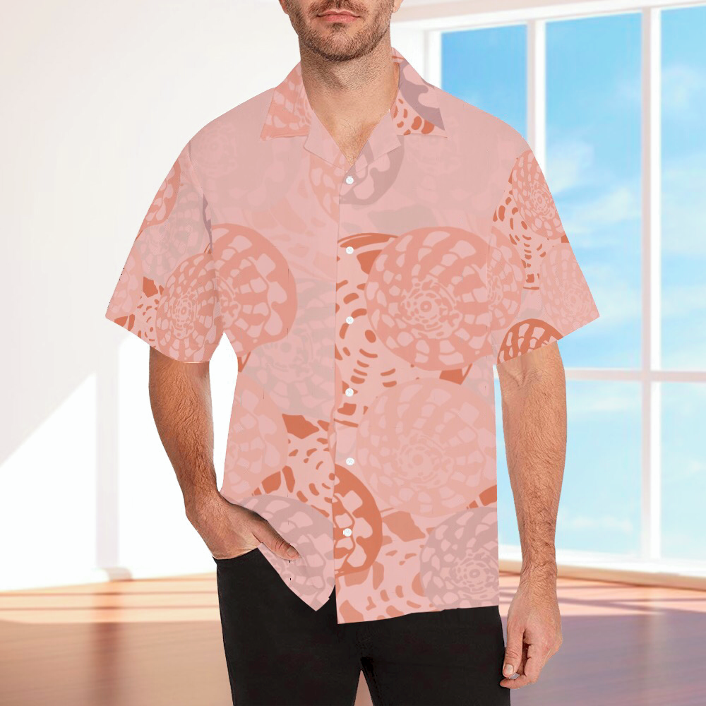 Peachy pink Puka shell men’s aloha shirt