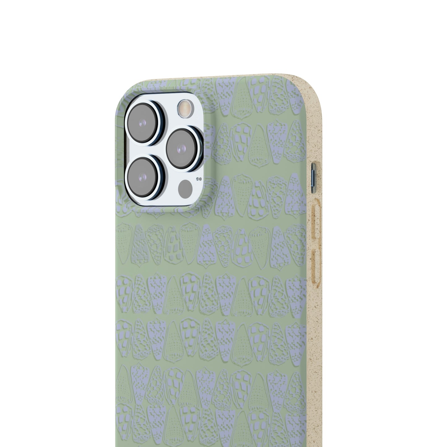 Sage green biodegradable phone case with blue cone shell design