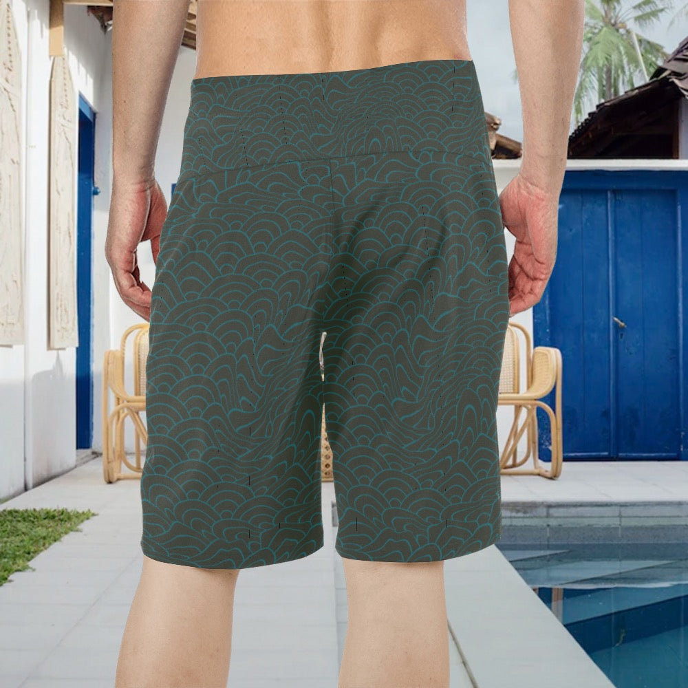 Dark green and blue distorted wave design surf shorts