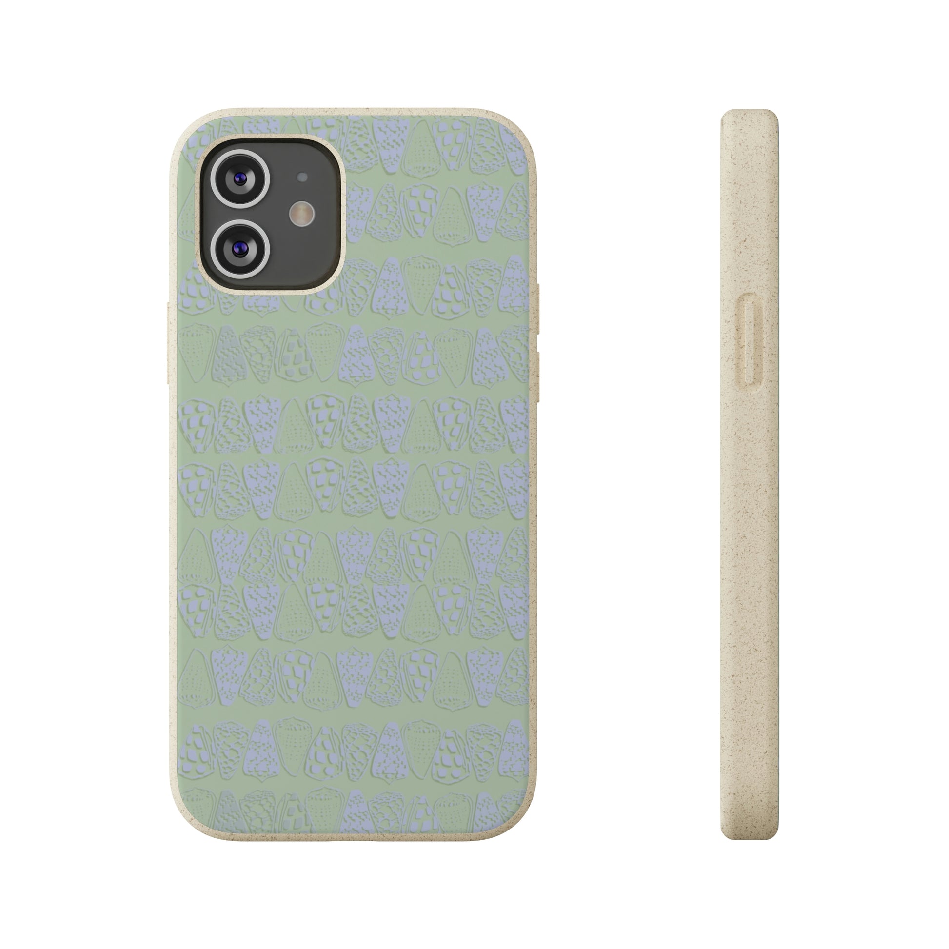 Sage green biodegradable phone case with blue cone shell design