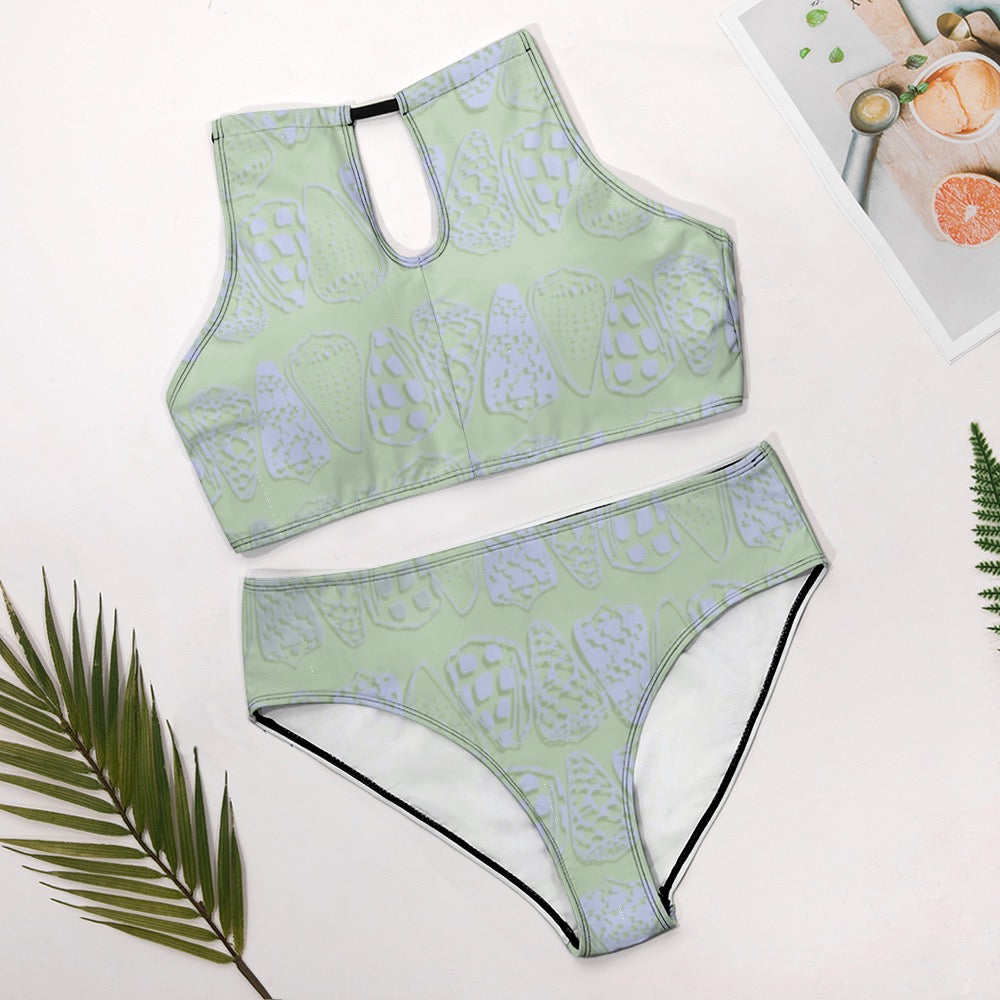 Sage green two piece bikini with light blue cone shell design