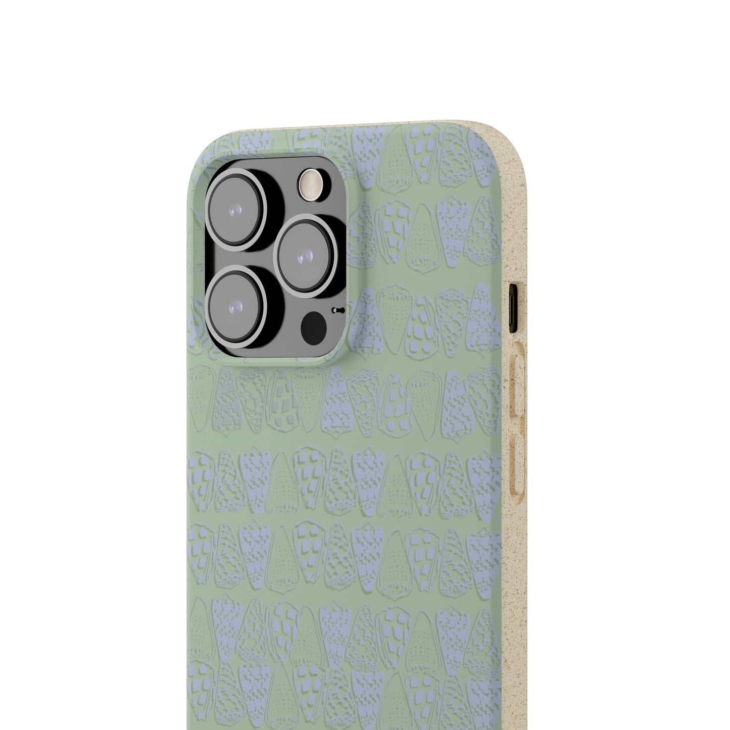 Sage green biodegradable phone case with blue cone shell design