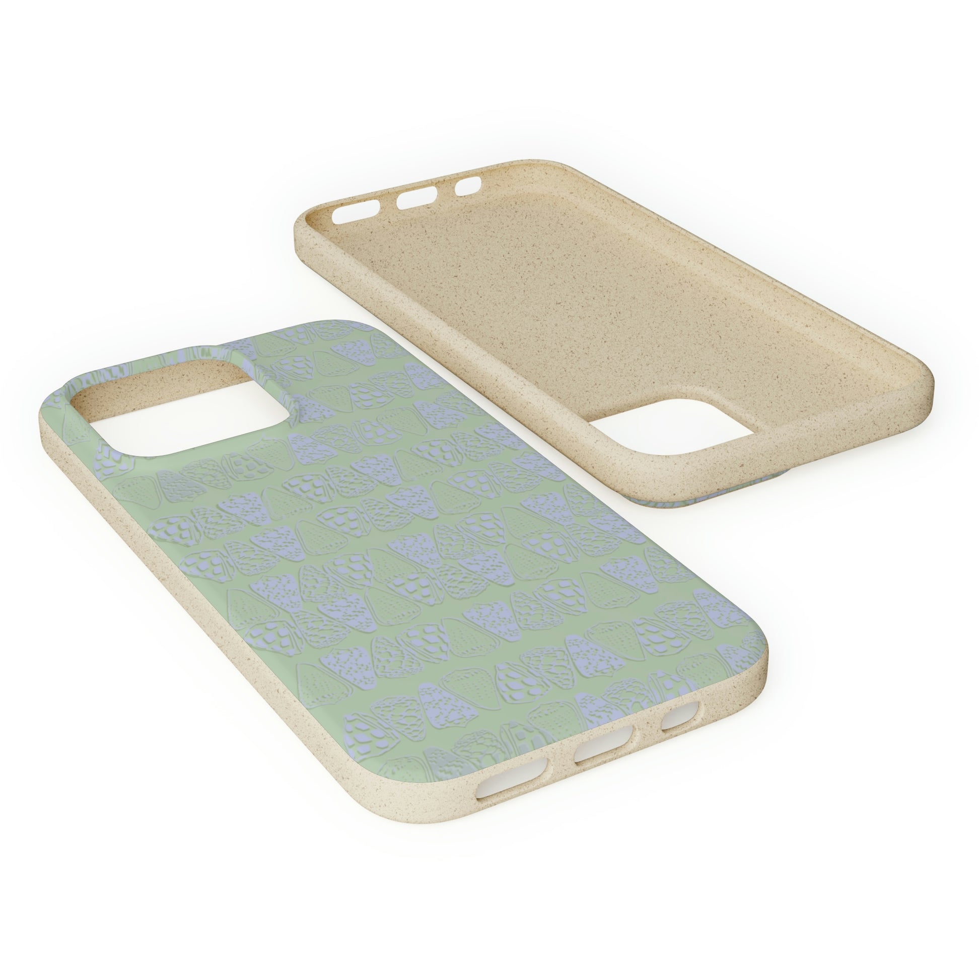 Sage green biodegradable phone case with blue cone shell design