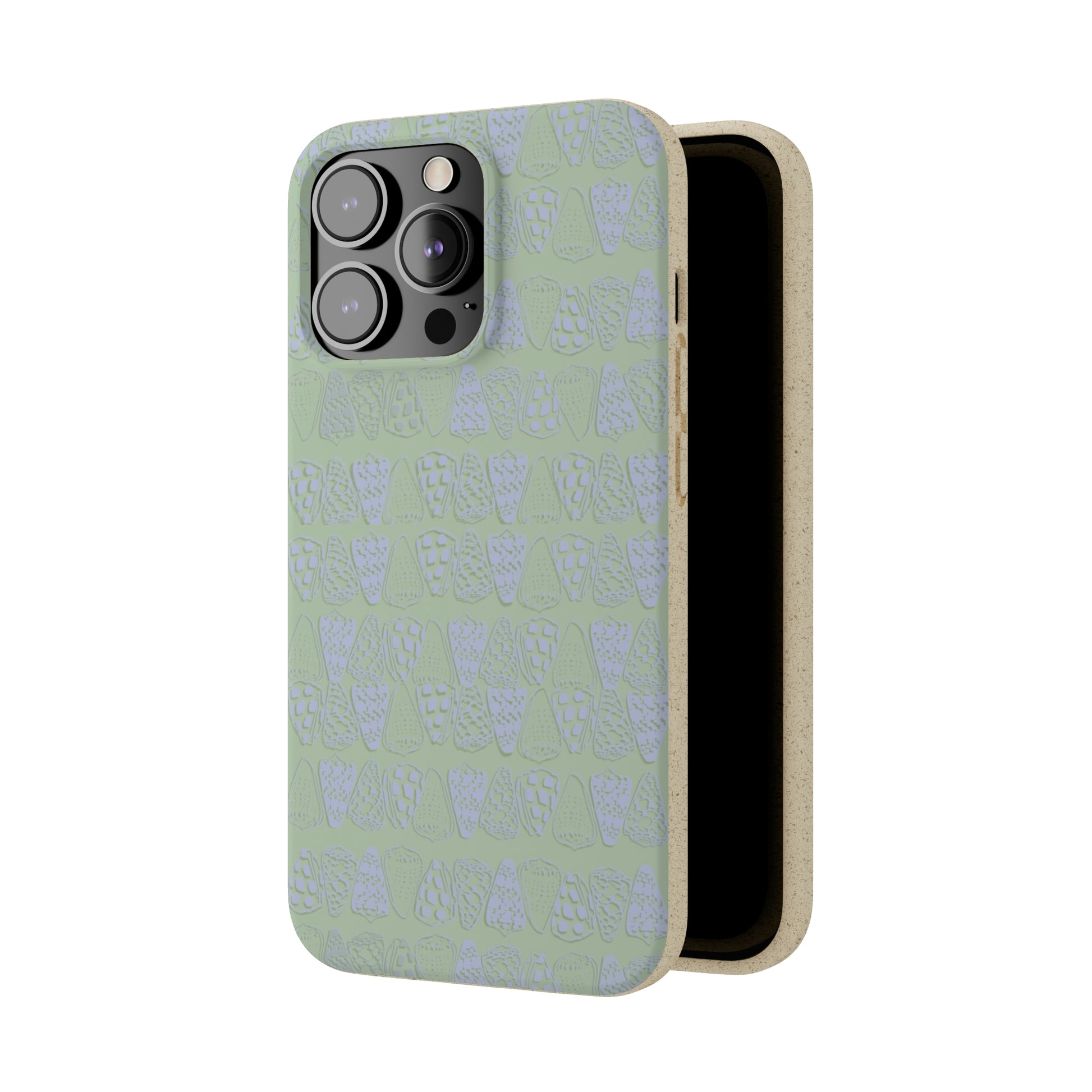 Sage green biodegradable phone case with blue cone shell design